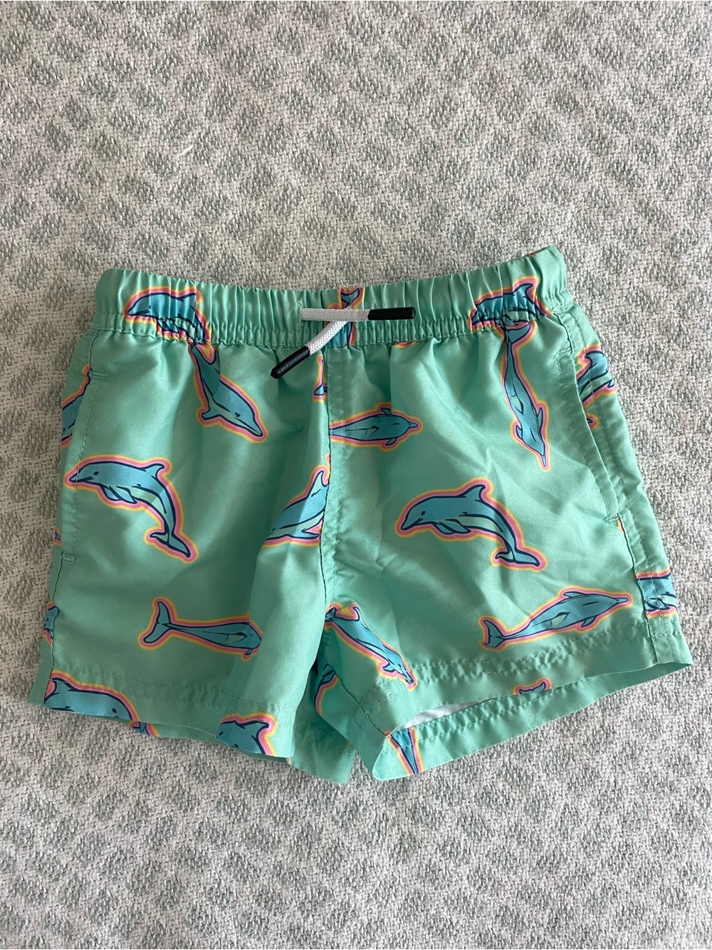Kids Mint Dolphin-Print Swim Shorts with Drawstring